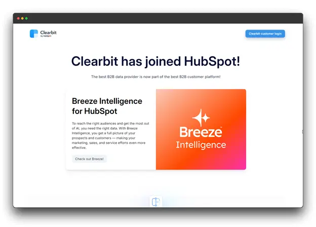 Clearbit announcement of joining HubSpot. The image features a banner announcing the merger and highlights the benefits of Breeze Intelligence, a B2B data provider now integrated with HubSpot's customer platform. 