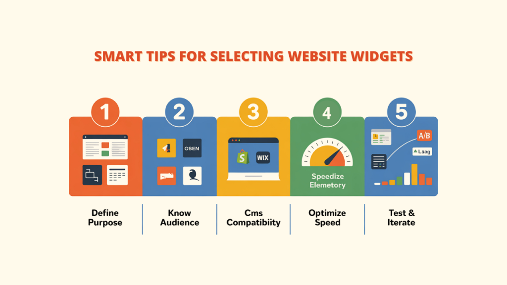 A five-step infographic outlining the process of implementing Website Widgets. The steps are: 1) Define Purpose, 2) Know Audience, 3) CMS Compatibility (with icons for Shopify and Wix), 4) Optimize Speed (with a speedometer icon), and 5) Test & Iterate (with A/B testing and bar chart icons).