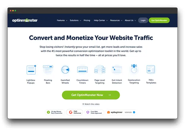 OptinMonster website homepage promoting conversion optimization tools. The image features a banner highlighting the potential to increase website traffic and conversions using OptinMonster's features. 