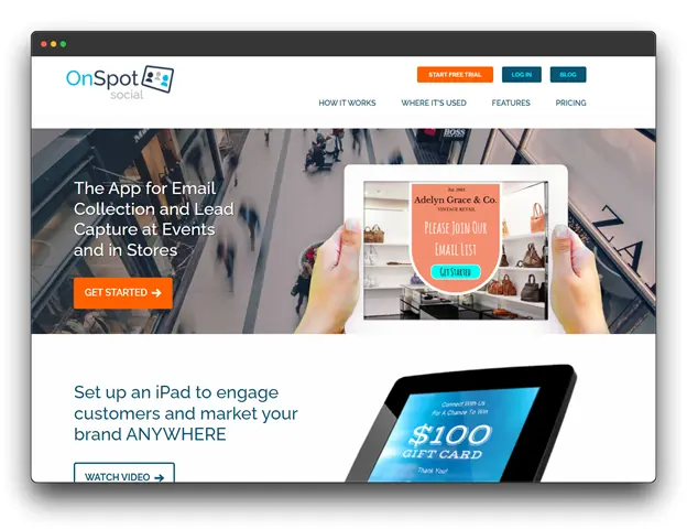 OnSpot Social website homepage promoting an iPad app for email collection and lead capture. The image features a banner showcasing the app's functionality, with a call to action to "Get Started." A mockup of an iPad displaying a sign-up form and a gift card giveaway is included.