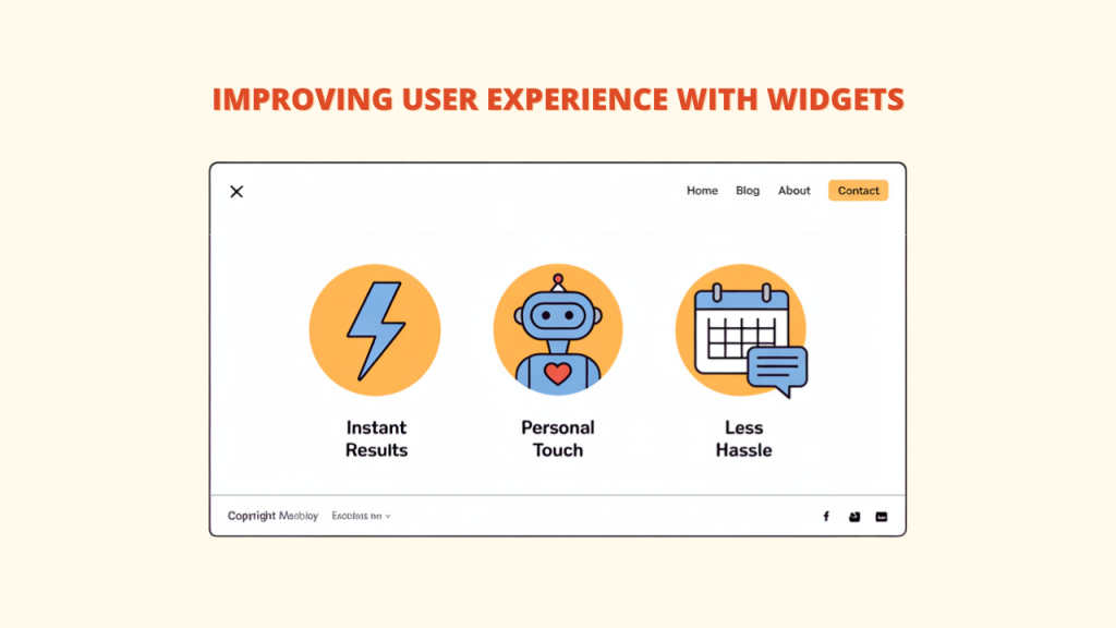 A web browser interface displaying three circular icons representing benefits of Website Widgets: 1) Instant Results (lightning bolt icon), 2) Personal Touch (robot with heart icon), and 3) Less Hassle (calendar with chat bubble icon).
