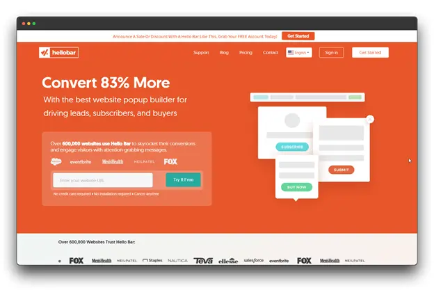 Hello Bar's Website Pop-Up Builder for conversions, showcasing a Pop-up Builder interface. &nbsp;keywords :: ""Website Pop-Up Builder: Pop-up Builder