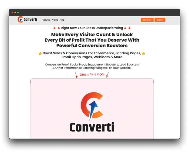 Converti website homepage promoting conversion optimization tools. The image features a banner highlighting the potential to increase sales and conversions for various website types using Converti's features. There's a call to action to watch a video and learn more about the platform.
