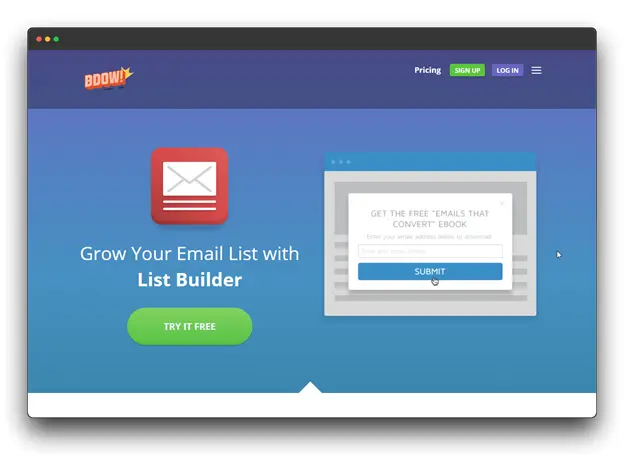 BDOW List Builder homepage promoting email list growth. The image features a banner with a call to action to "Grow Your Email List with List Builder" and a prominent "Try It Free" button. A popup on the side offers a free ebook titled "Emails That Convert" in exchange for email signup