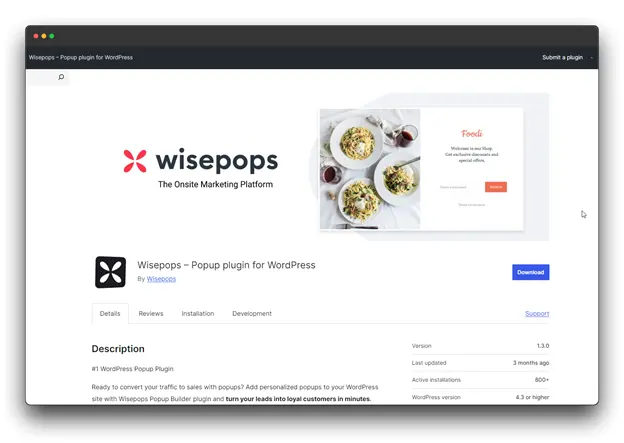Wisepops Popup plugin for WordPress on WordPress.org. The image shows the plugin's homepage with a banner featuring the Wisepops logo and a screenshot of a popup example. Key information like the plugin's description, version, downloads, and ratings is also visible.