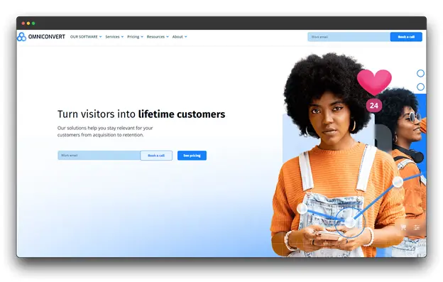 The image shows the Omniconvert website homepage. The header features the company logo, a navigation bar, and a tagline that reads "Turn visitors into lifetime customers." Below the header, there's a section highlighting the company's solutions for helping businesses stay relevant with their customers throughout the customer lifecycle.