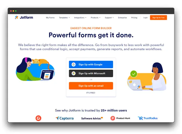 Jotform homepage promoting online form builder software. The image features a banner highlighting the ease of use and power of Jotform's forms, which can include conditional logic, payments, reports, and automation.
