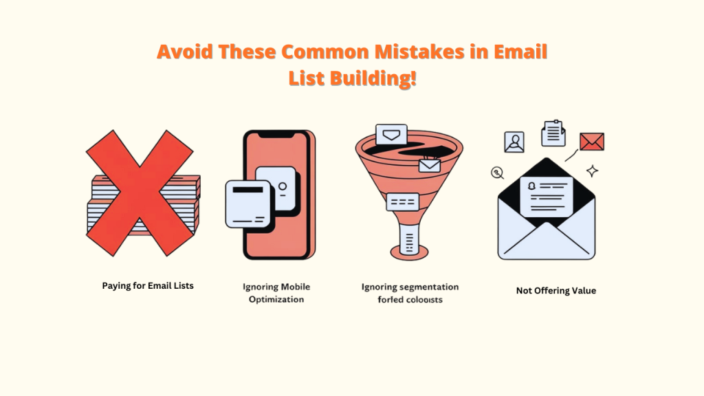 Infographic highlighting common mistakes to avoid in email list building. The image features four sections with icons representing the mistakes: paying for email lists, ignoring mobile optimization, ignoring segmentation for cold lists, and not offering value.