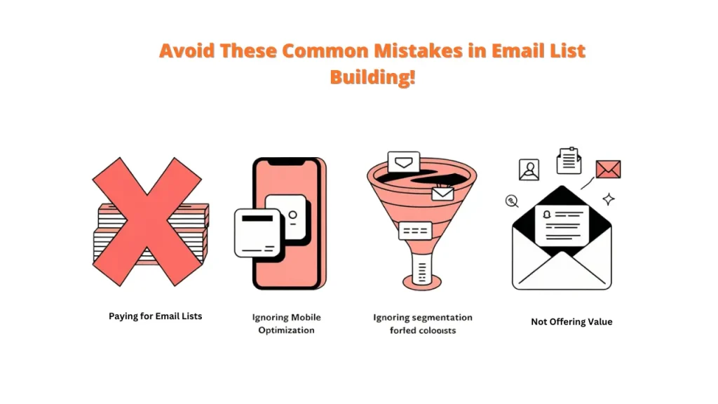 Infographic highlighting common mistakes to avoid in email list building. The image features four sections with icons representing the mistakes: paying for email lists, ignoring mobile optimization, ignoring segmentation for cold lists, and not offering value.
