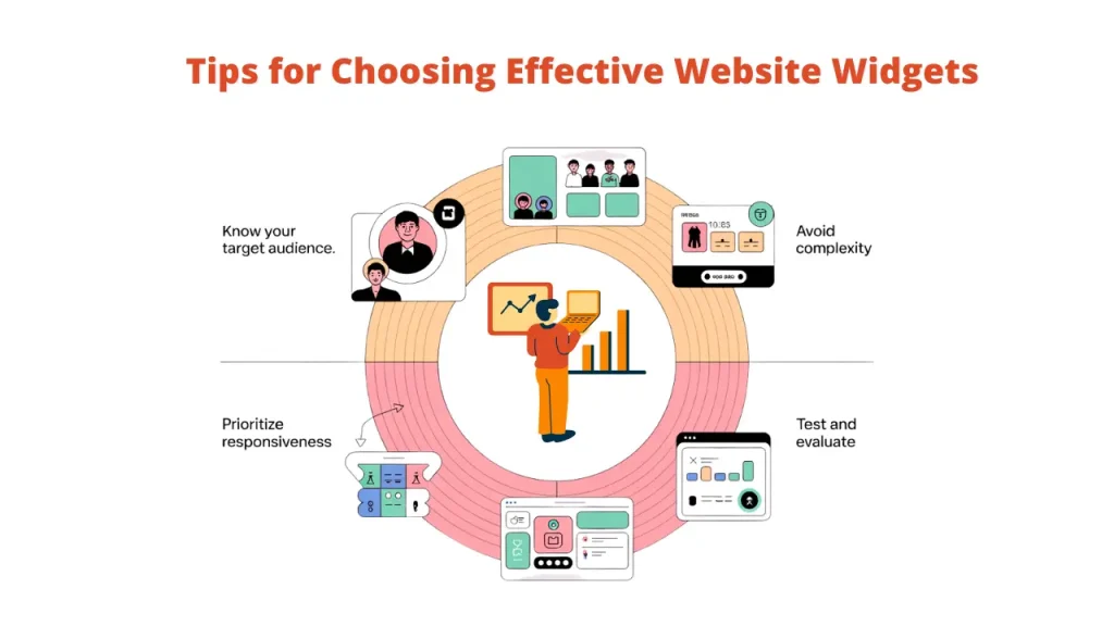An illustration titled 'Tips for Choosing Effective Website Widgets'. The graphic shows a central figure with various thought bubbles around them, indicating tips like 'Know your target audience', 'Prioritize responsiveness', 'Test and evaluate', and 'Avoid complexity'. This image provides guidance on selecting effective Website Widgets.