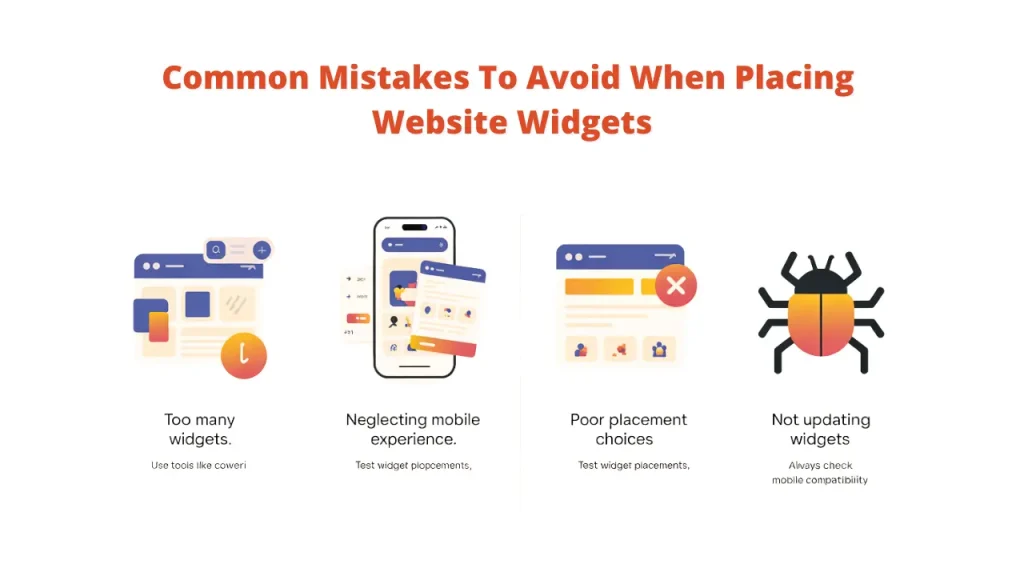 An illustration titled 'Smart Widget Fixes for Common Website Problems'. It shows four problems with corresponding Website Widgets solutions: 'Trouble finding info? -> Use a search bar.', 'Leaving without buying? -> Show FOMO alerts.', 'Hard to book a meeting? -> Add a booking tool.', and 'Not many email signups? -> Use an eye-catching signup form.' This highlights how Website Widgets offer practical solutions
