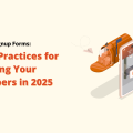 "Newsletter Signup Forms: 10 Best Practices for Increasing Your Subscribers in 2025" in prominent orange and black lettering. An illustration on the right shows a person approaching a large mobile phone displaying an email with "READ" on the screen, and an orange mailbox with email notifications. Paper airplanes fly around, symbolizing communication. This image sets the context for the topic of optimizing Newsletter Signup Forms to increase subscribers.