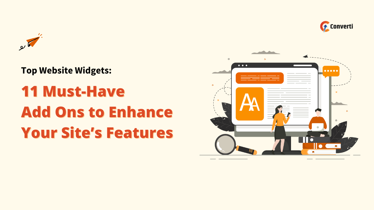 An illustration showing a website interface with a title 'Top Website Widgets: 11 Must-Have Add-Ons to Enhance Your Site's Features'. Two figures are interacting with a large monitor display on a desktop. This image highlights the importance of Website Widgets for site enhancement.