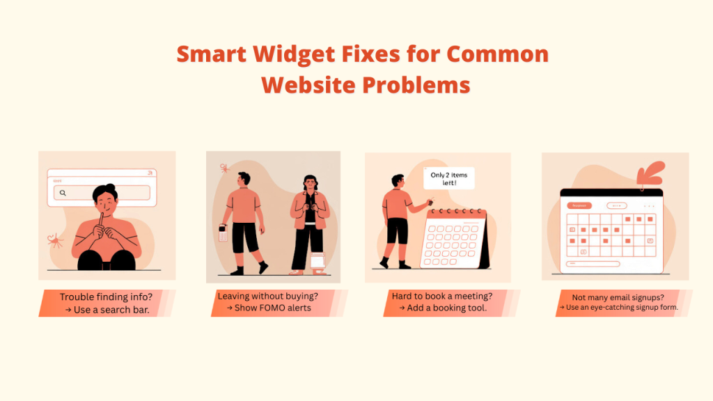 An infographic titled 'Common Mistakes To Avoid When Placing Website Widgets'. Four common mistakes are depicted: Too many widgets, Neglecting mobile experience, Poor placement choices, and Not updating widgets. This emphasizes best practices for using Website Widgets