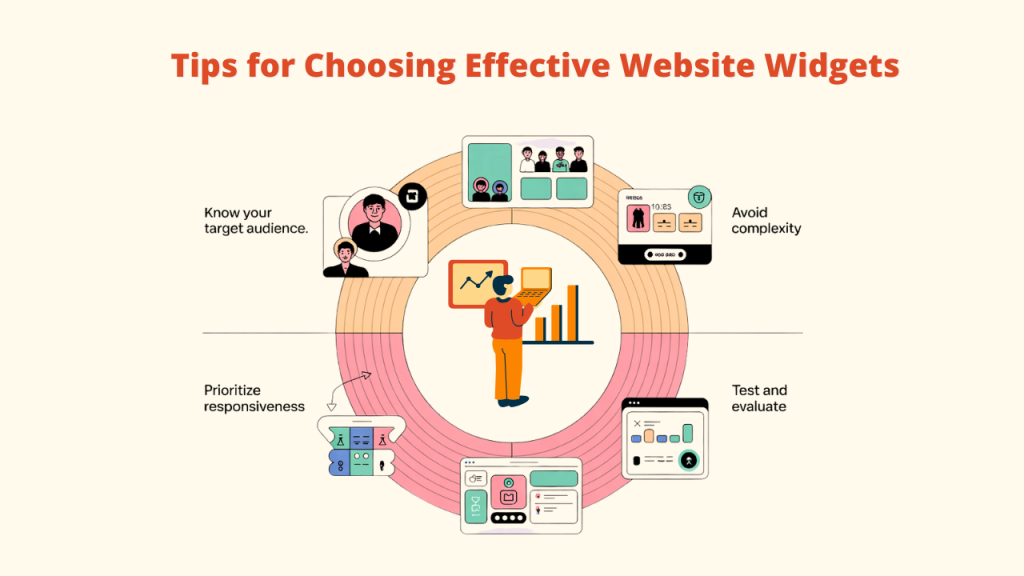 An illustration titled 'Tips for Choosing Effective Website Widgets'. The graphic shows a central figure with various thought bubbles around them, indicating tips like 'Know your target audience', 'Prioritize responsiveness', 'Test and evaluate', and 'Avoid complexity'. This image provides guidance on selecting effective Website Widgets.