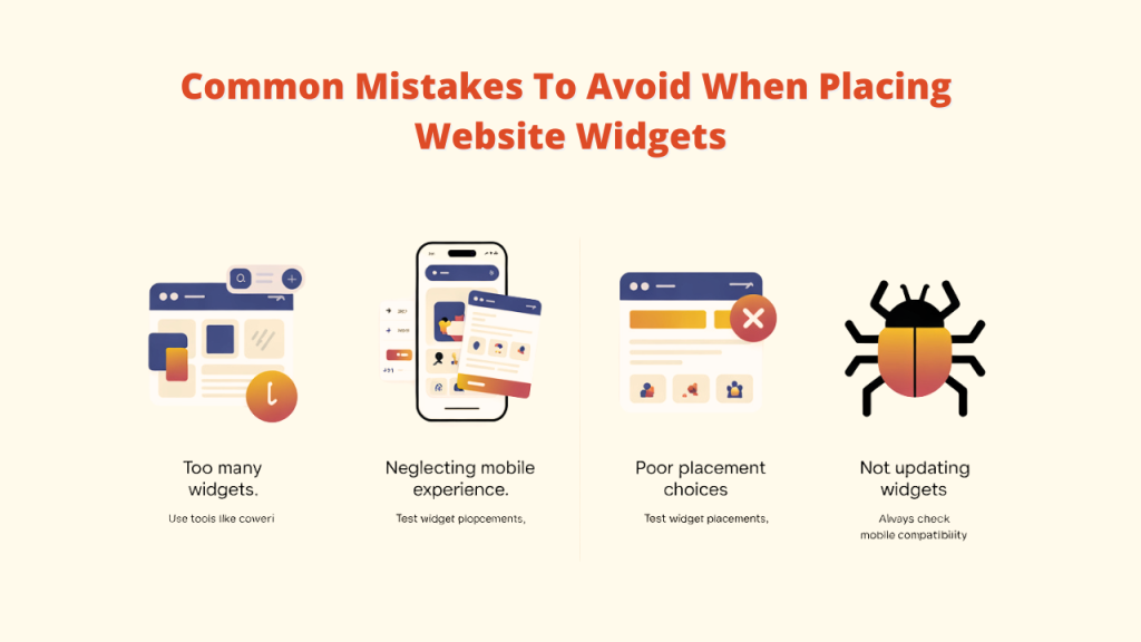 An illustration titled 'Smart Widget Fixes for Common Website Problems'. It shows four problems with corresponding Website Widgets solutions: 'Trouble finding info? -> Use a search bar.', 'Leaving without buying? -> Show FOMO alerts.', 'Hard to book a meeting? -> Add a booking tool.', and 'Not many email signups? -> Use an eye-catching signup form.' This highlights how Website Widgets offer practical solutions