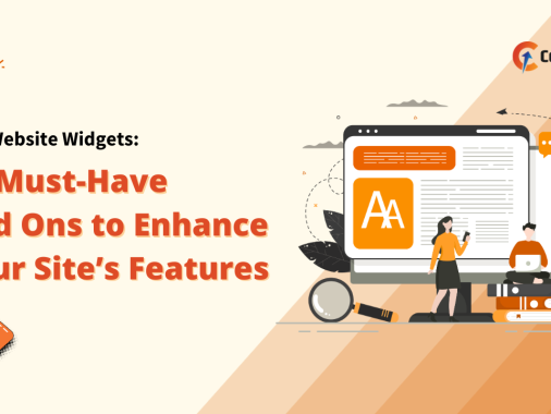 An illustration showing a website interface with a title 'Top Website Widgets: 11 Must-Have Add-Ons to Enhance Your Site's Features'. Two figures are interacting with a large monitor display on a desktop. This image highlights the importance of Website Widgets for site enhancement.